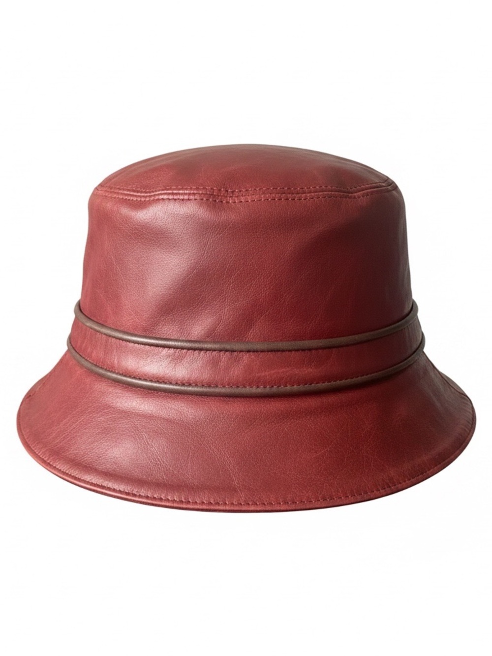 Coach Burgundy Leather Bucket Hat with Brown Trim
